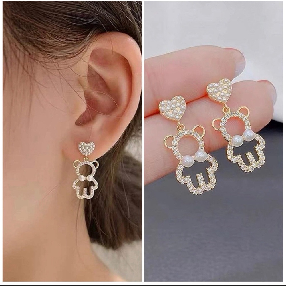 Bear Heart earrings - teddy bear pearl earrings- Bear gold earrings